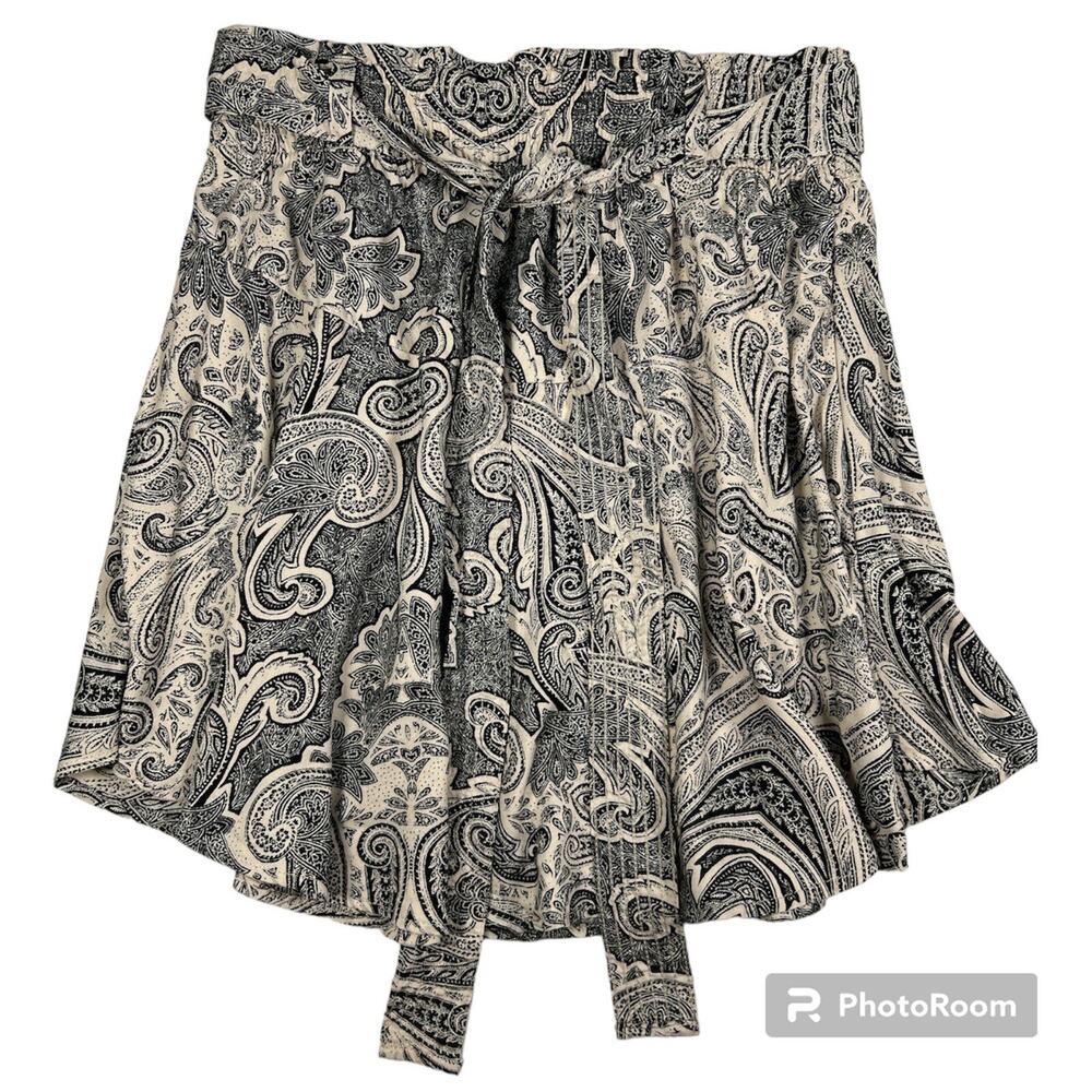 Nwt H&M Womens Black Brown Belted Paisley Viscose Stretch A-Line Mini Skirt Sz 4